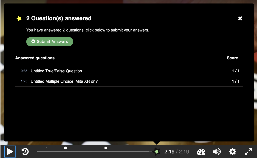 Kuvakaappaus videon tehtävien vastausten tallentamisesta